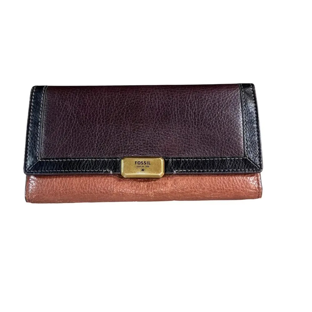 Vintage Fossil 2-Toned Brown Textured Leather Tri-Fold Wallet Flap Style 7.5